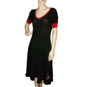 Black Dress with Red Trim V-Neck Midi Dress